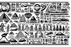 Astronaut floating over pyramids of Giza With hieroglyfs and ancient egypt artifacts under space with big ufo’s and planets from a far tattoo idea