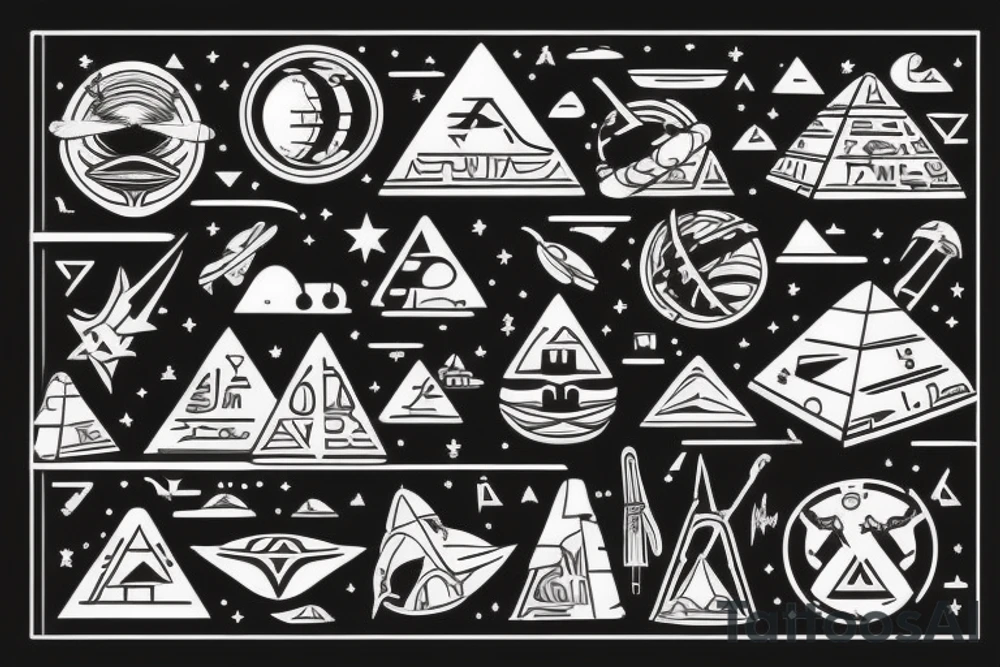 Astronaut floating over pyramids of Giza With hieroglyfs and ancient egypt artifacts under space with big ufo’s and planets from a far tattoo idea