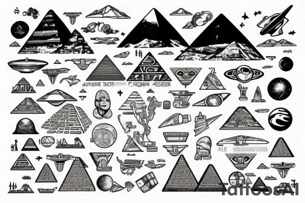 Astronaut floating over pyramids of Giza With hieroglyfs and ancient egypt artifacts under space with big ufo’s and planets from a far tattoo idea