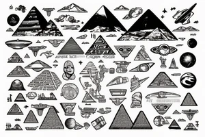 Astronaut floating over pyramids of Giza With hieroglyfs and ancient egypt artifacts under space with big ufo’s and planets from a far tattoo idea