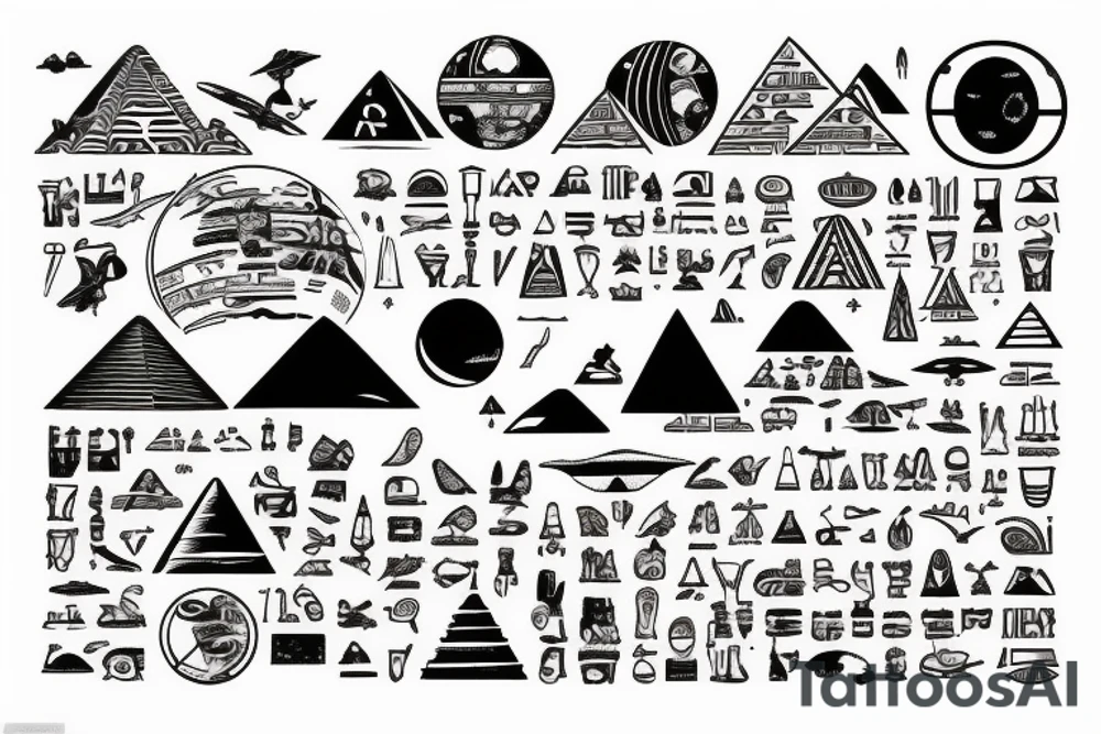 Astronaut floating over pyramids of Giza With hieroglyfs and ancient egypt artifacts under space with big ufo’s and planets from a far tattoo idea