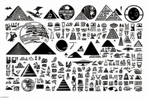 Astronaut floating over pyramids of Giza With hieroglyfs and ancient egypt artifacts under space with big ufo’s and planets from a far tattoo idea