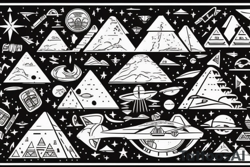Astronaut floating over pyramids of Giza With hieroglyfs and ancient egypt artifacts under space with big ufo’s and planets from a far tattoo idea