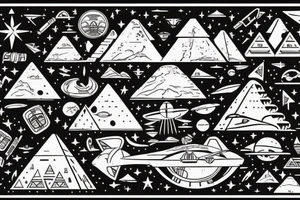Astronaut floating over pyramids of Giza With hieroglyfs and ancient egypt artifacts under space with big ufo’s and planets from a far tattoo idea