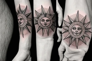 Traditional stipple tattoo of hand holding the sun tattoo idea