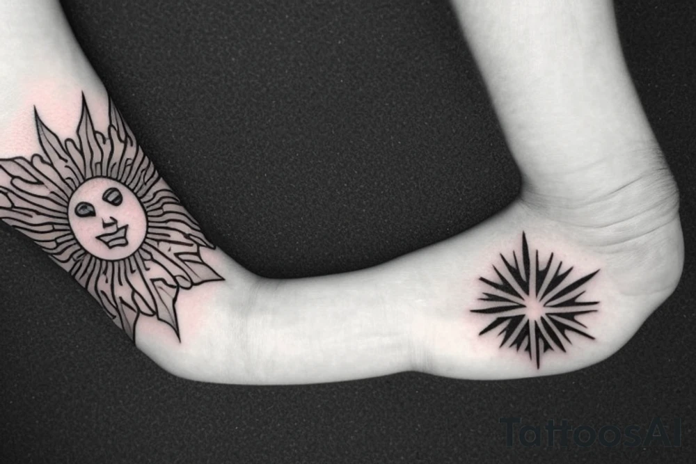 Traditional stipple tattoo of hand holding the sun tattoo idea
