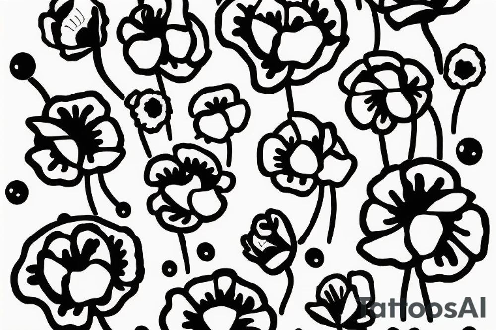 Poppy flower dots underneath a goat line head dots underneath with the letters AC tattoo idea