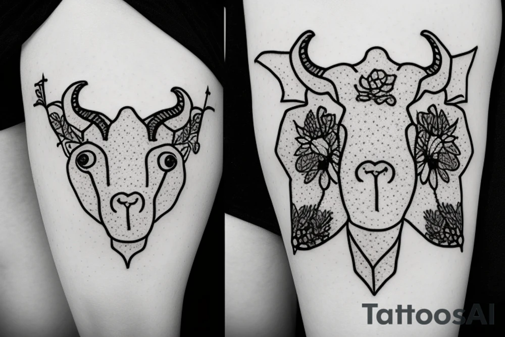Poppy flower dots underneath a goat head dots underneath with the letters AC tattoo idea