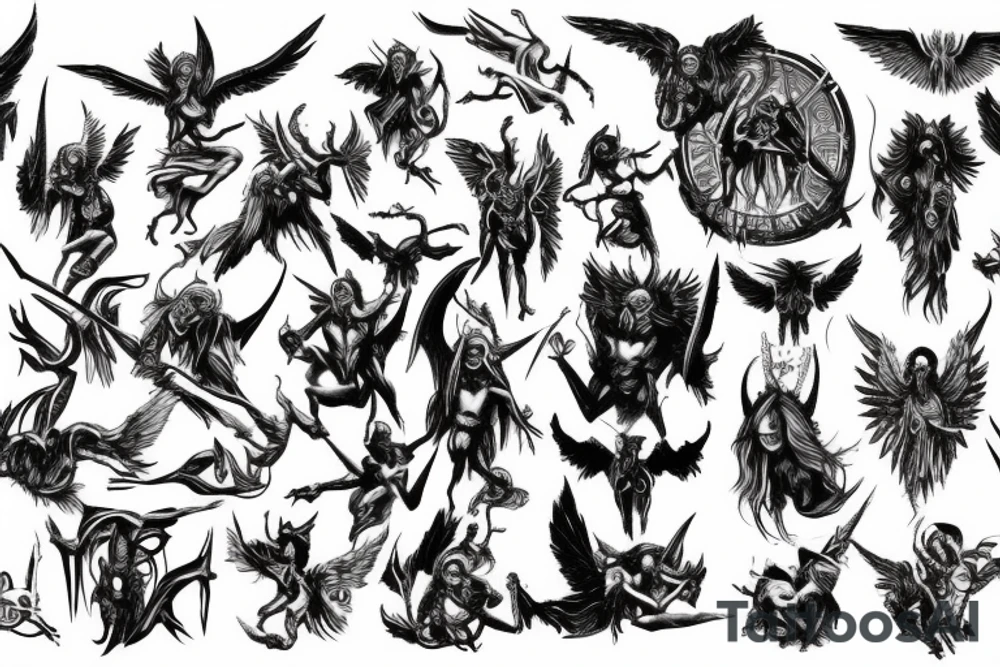 angels battling demons with humans caught in the middle tattoo idea