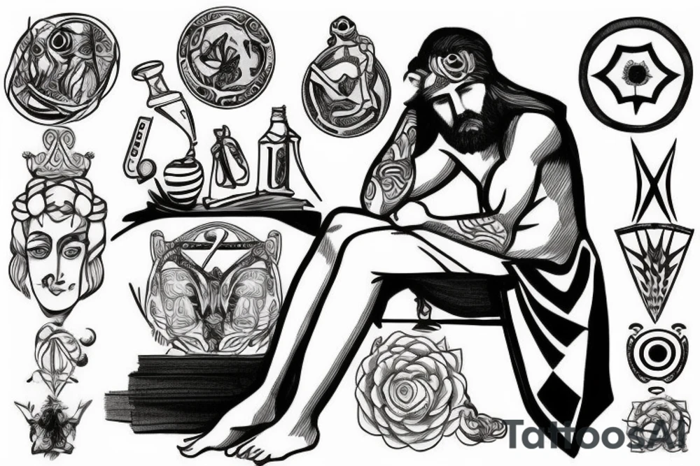 Greek God sitting facing away tattoo idea