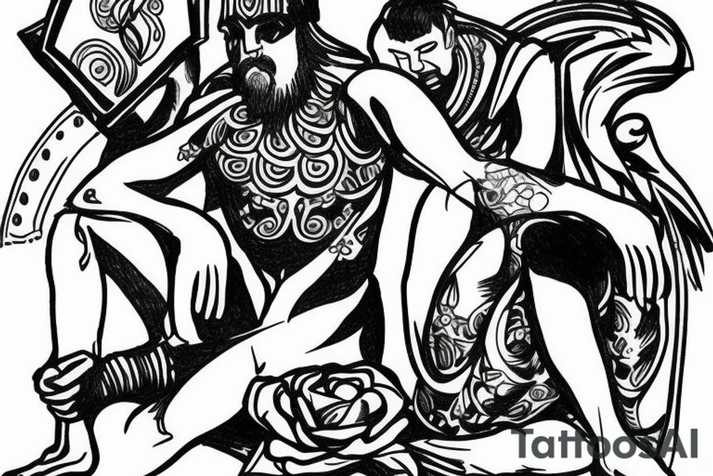 Greek God man sitting facing away tattoo idea