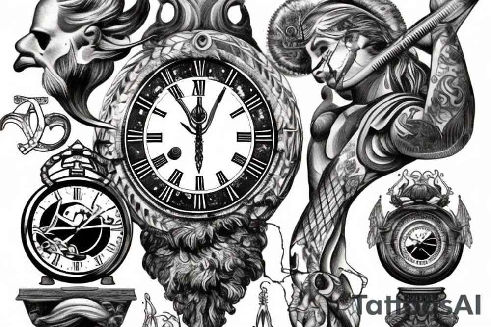 Greek Mythology with a Roman numerals clock merged together Poseidon tattoo idea