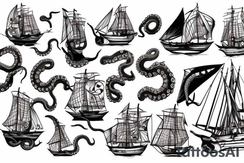 Giant octopus wrapping around a sailing ship tattoo idea