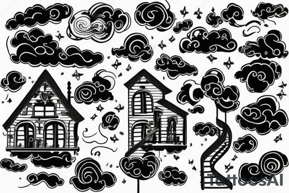 house with stairs on a cloud tattoo idea