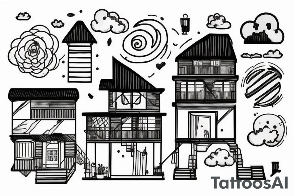 house with stairs on a cloud tattoo idea