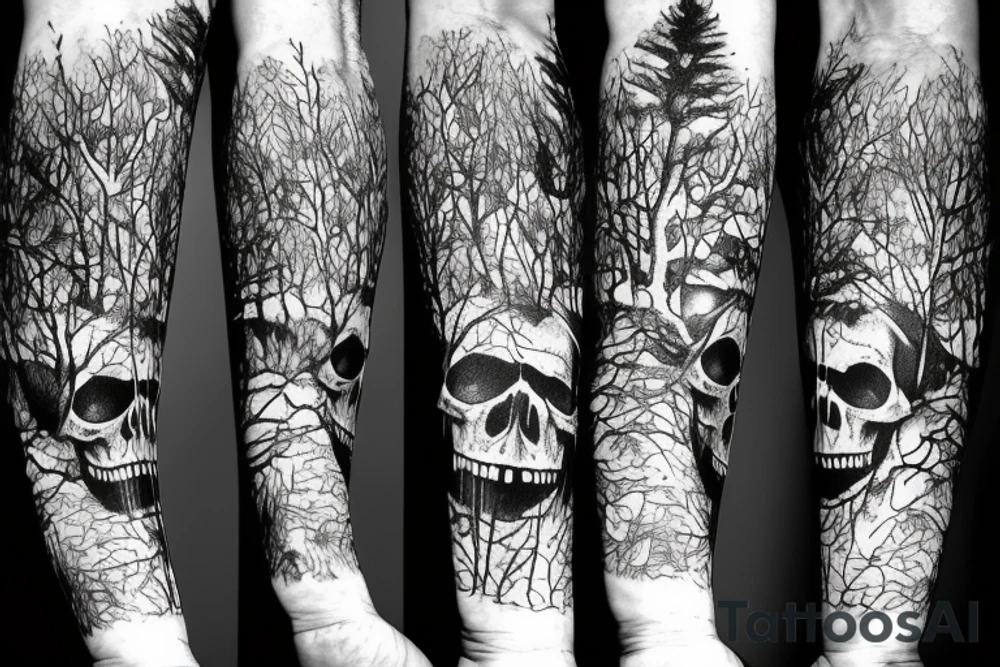 Skull gears overgrown trees Forrest tattoo idea