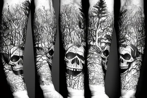 Skull gears overgrown trees Forrest tattoo idea