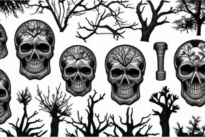 Skull gears overgrown trees Forrest engine tattoo idea