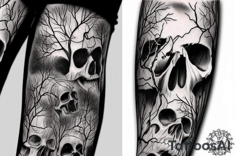 Skull overgrown trees Forrest gears 
engine tattoo idea