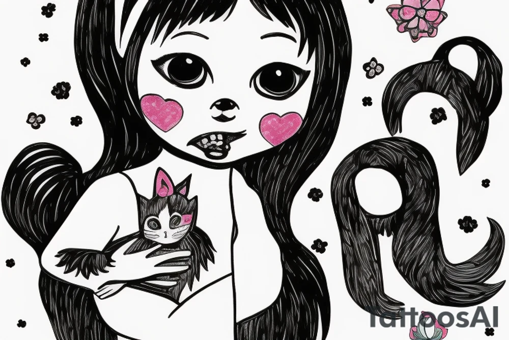 A little girl with pigtails holding a cat tattoo idea