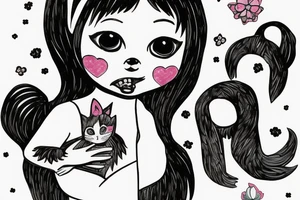 A little girl with pigtails holding a cat tattoo idea