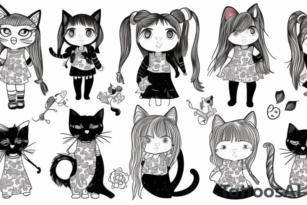 A little girl with pigtails holding a cat tattoo idea