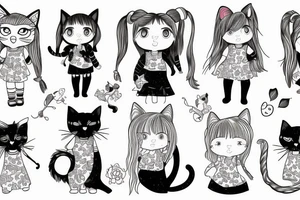 A little girl with pigtails holding a cat tattoo idea