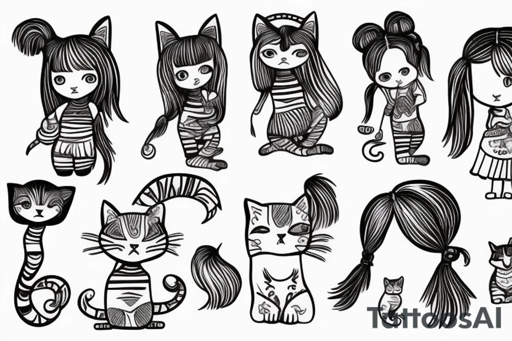 A little girl with pigtails holding a cat tattoo idea
