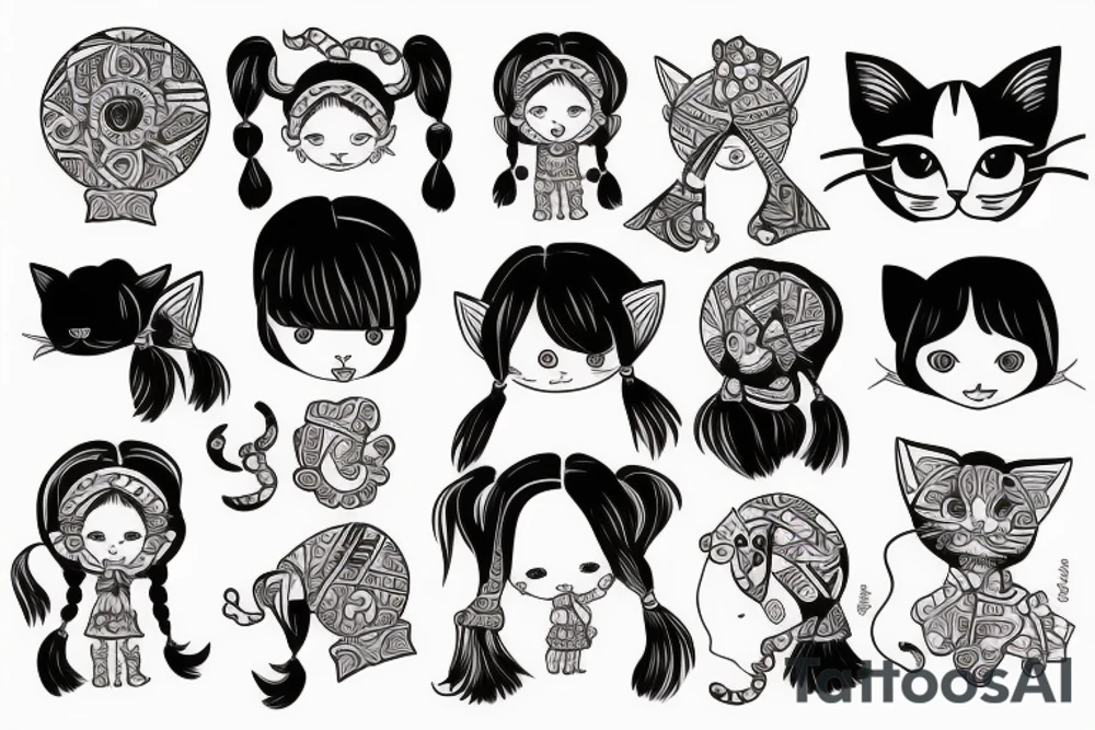 A little girl with pigtails holding a cat tattoo idea
