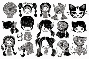 A little girl with pigtails holding a cat tattoo idea