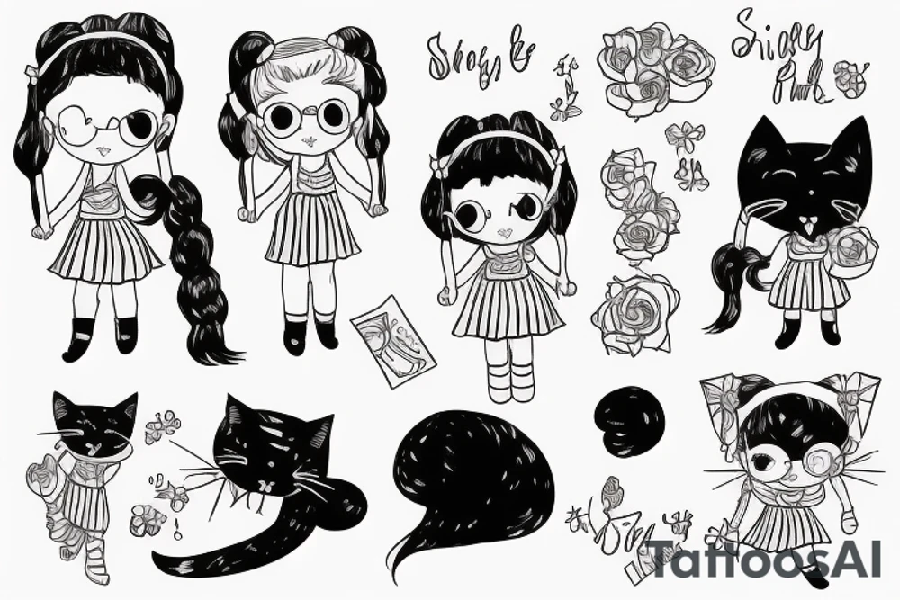 A little girl with pigtails holding a cat tattoo idea