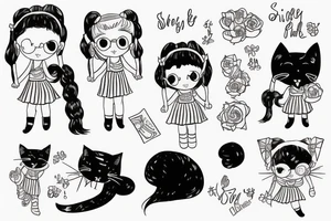A little girl with pigtails holding a cat tattoo idea