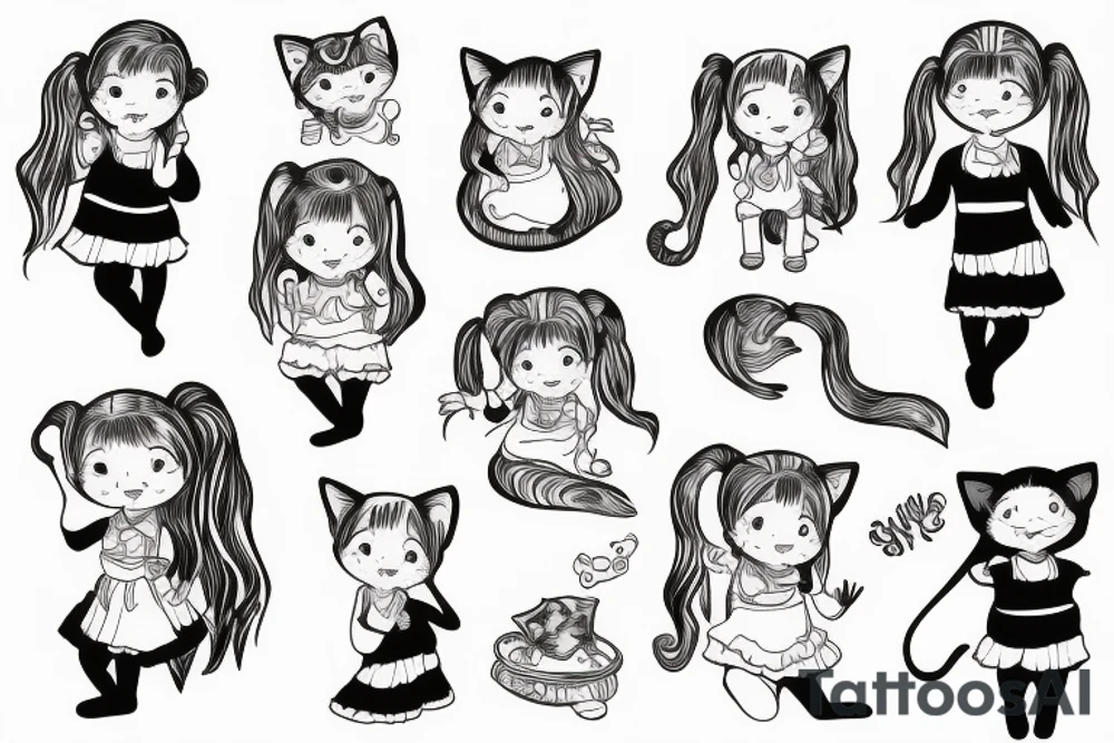A little girl with pigtails holding a cat tattoo idea
