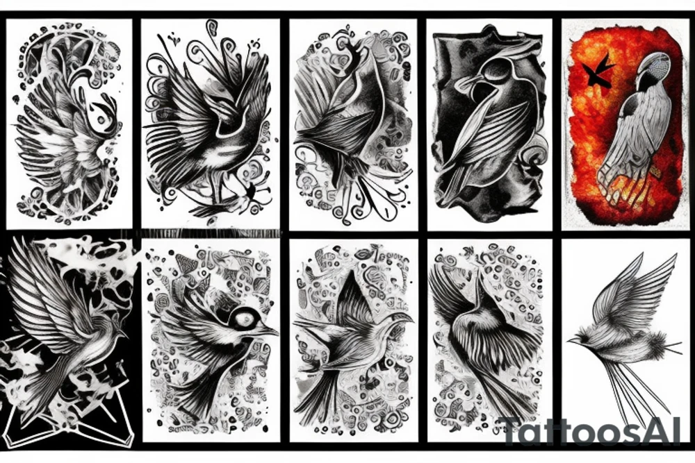Cards with fading birds and flame tattoo idea