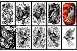 Cards with fading birds and flame tattoo idea