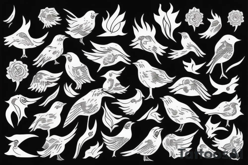 Cards with fading birds and flame tattoo idea