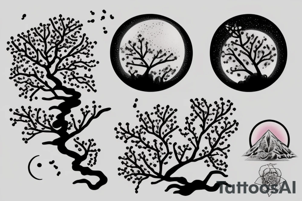 Cherry blossom tree in front of bright moon and waterfall tattoo idea