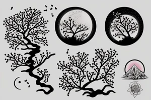 Cherry blossom tree in front of bright moon and waterfall tattoo idea