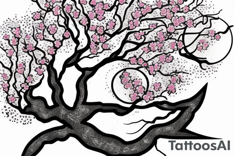 Cherry blossom tree in front of bright moon and waterfall tattoo idea