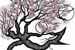 Cherry blossom tree in front of bright moon and waterfall tattoo idea