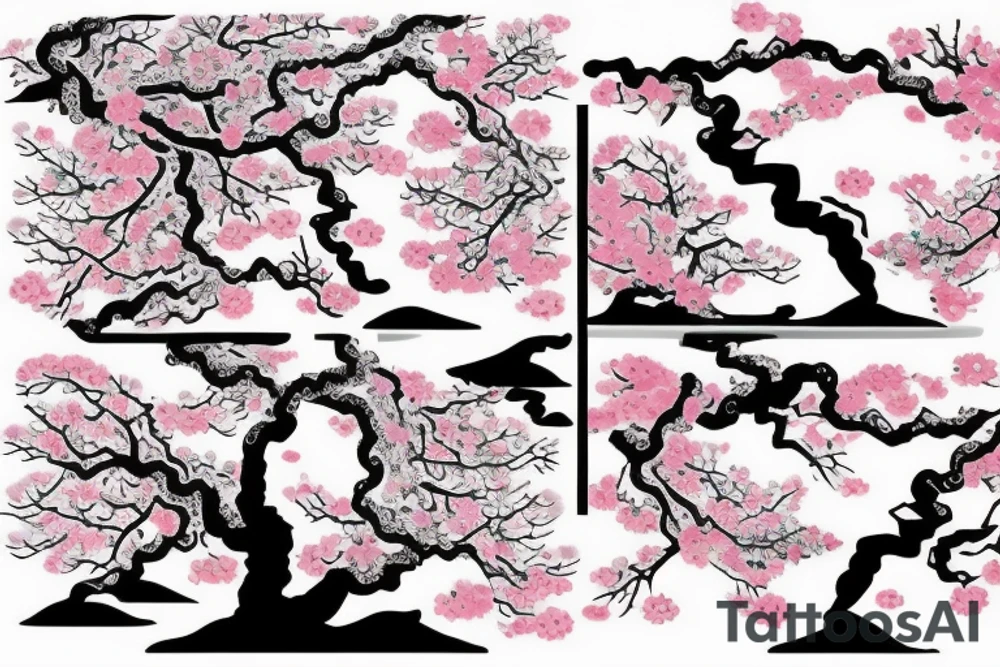 Cherry blossom tree in front of bright moon and waterfall in Japanese style tattoo idea