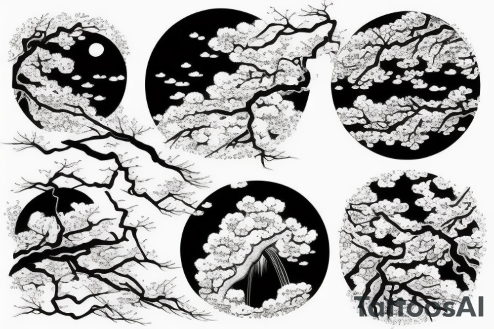 Cherry blossom tree in front of bright moon and waterfall in Japanese style tattoo idea