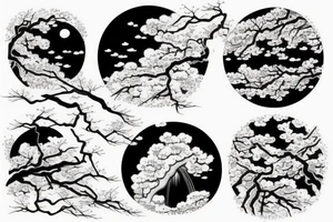 Cherry blossom tree in front of bright moon and waterfall in Japanese style tattoo idea
