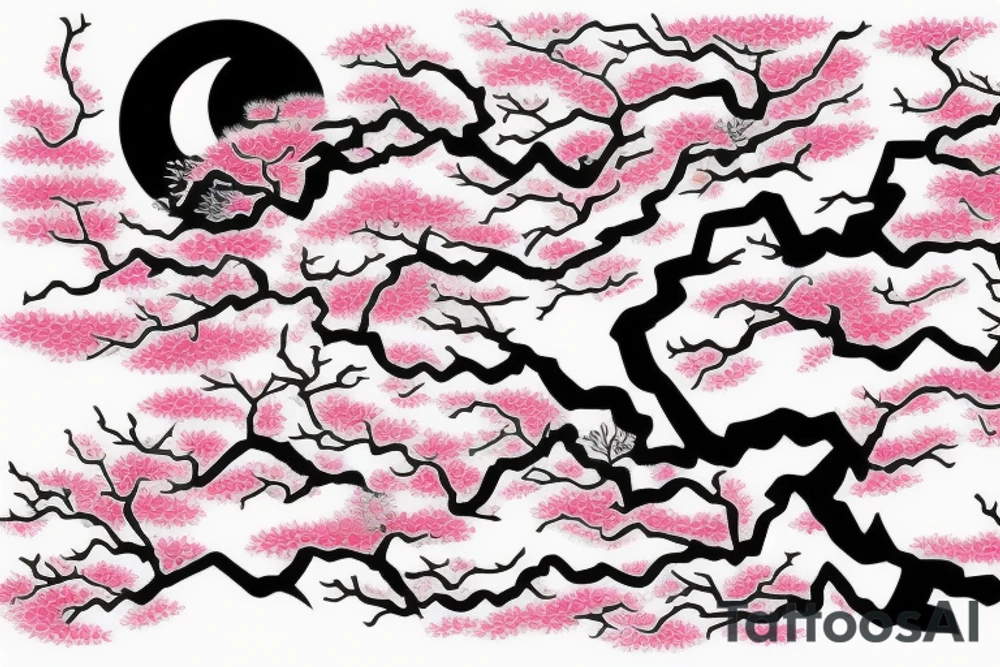 Cherry blossom tree in front of bright moon and waterfall in Japanese style tattoo idea