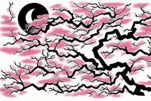 Cherry blossom tree in front of bright moon and waterfall in Japanese style tattoo idea