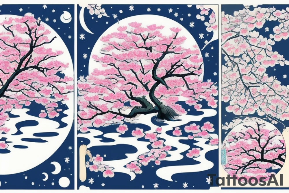 Cherry blossom tree in front of bright moon and waterfall in Japanese style tattoo idea