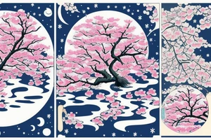 Cherry blossom tree in front of bright moon and waterfall in Japanese style tattoo idea
