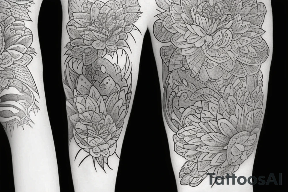 Coi fish with rich colorful lotus flower with A samurai standing on it tattoo idea