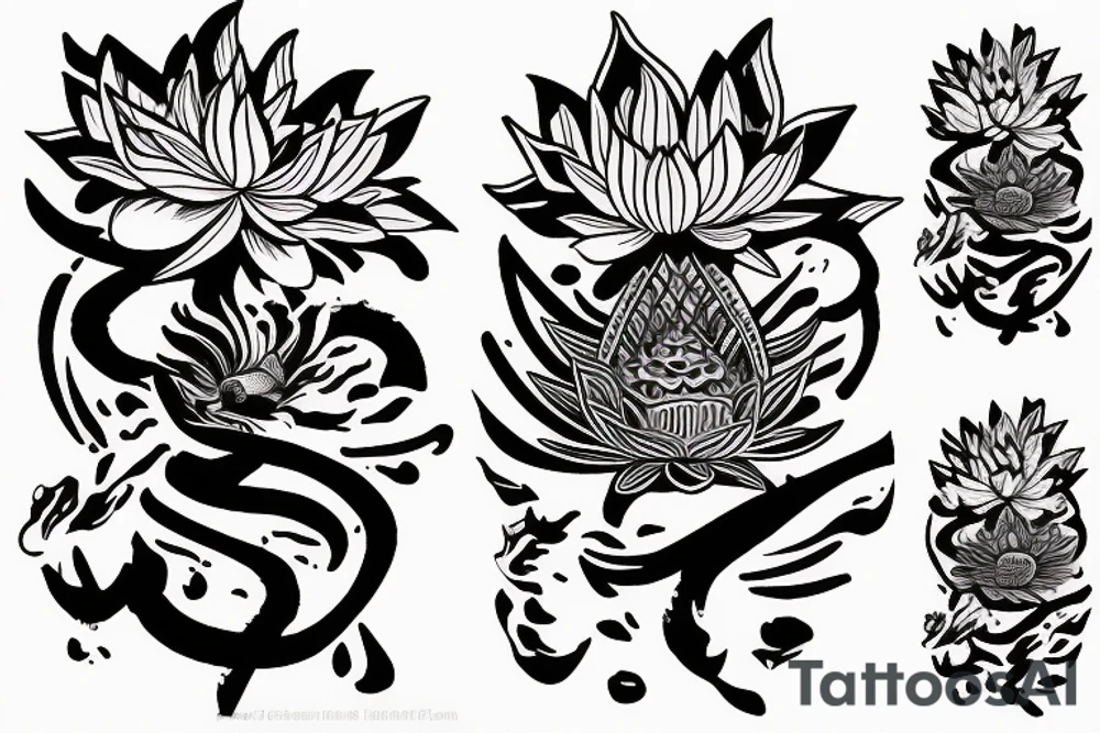 Coi fish with rich colorful lotus flower with A samurai standing on it tattoo idea