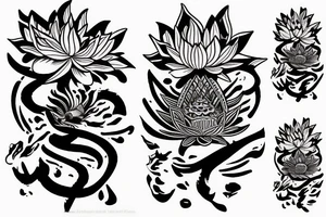 Coi fish with rich colorful lotus flower with A samurai standing on it tattoo idea